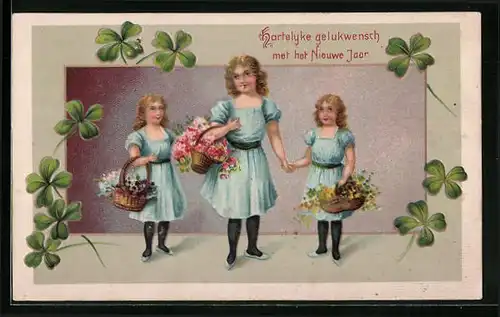 Präge-AK Mädchen mit Blumenkörben zum Neujahr