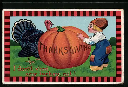 AK Kleiner Holländer mit Truthahn und Kürbis, Thanksgiving