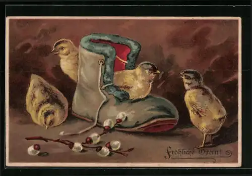 AK Osterküken mit altem Stiefel