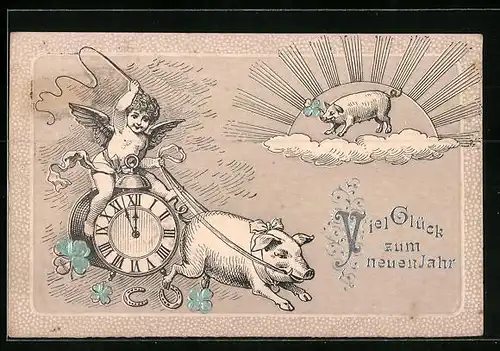 AK Neujahrsengel reitet auf Uhr mit Schwein