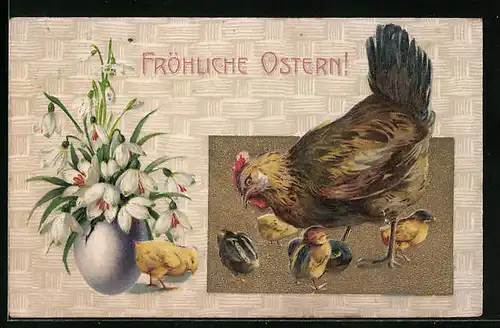 AK Henne mit ihren Osterküken