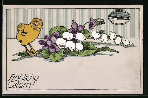 AK Osterküken mit Blumenstrauss