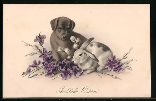 AK Hundewelpen und Osterhase