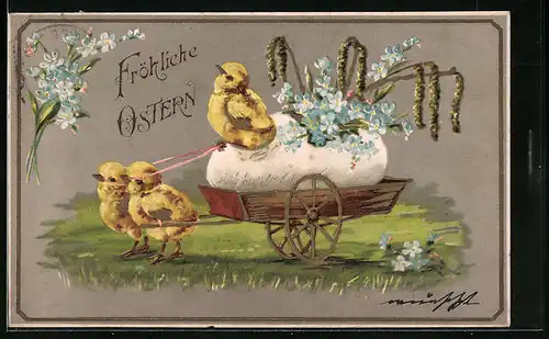 AK Osterküken mit Karren und grossem Ei