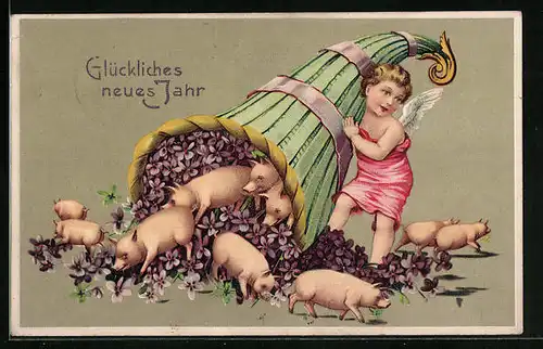 AK Neujahrsengel mit Füllhorn voller Schweinchen