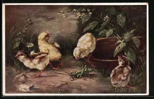 AK Osterküken inspizieren Grashüpfer