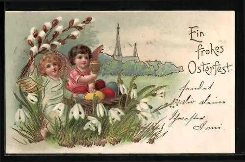 AK Osterengel mit Eiern vor Dorf