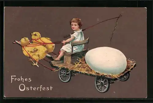 AK Osterküken zihen Wagen mit Ei