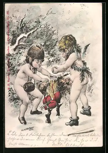 AK Amor und Freund wärmen sich an entflammten Herzen