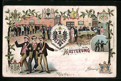 Lithographie Soldatenanwärter bei der Musterung