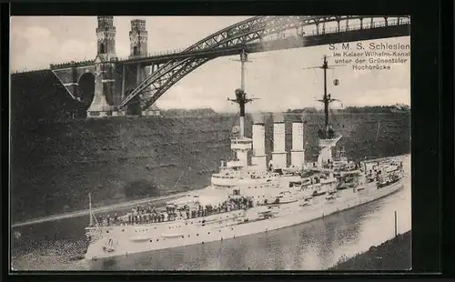 AK Kriegsschiff SMS Schlesien im Kaiser-Wilhelm-Kanal unter der Grüntalter Brücke