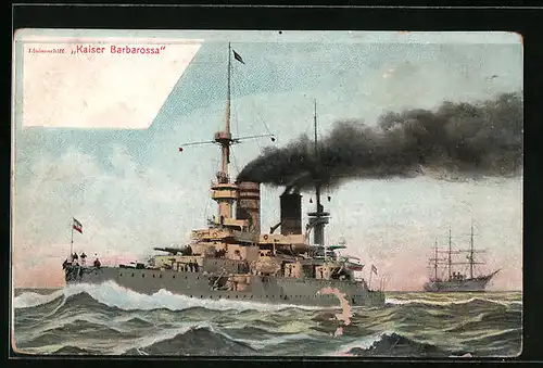 AK Linienschiff Kaiser Barbarossa Volldampf gebend