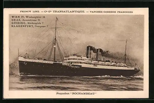 AK Französisches Passagierschiff Rochambeau gibt Dampf