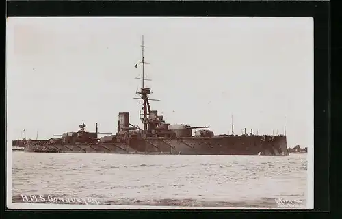 AK Britisches Kriegsschiff HMS Conqueror auf Steuerbord