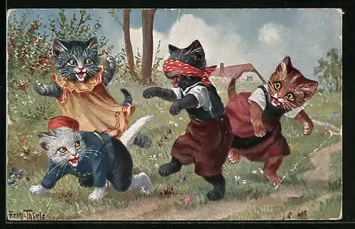 Künstler-AK Arthur Thiele: Vermenschlichte Katzen spielen Blindekuh