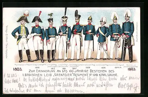 AK Karlsruhe, Zur Erinnerung an das 100jährige Bestehen des 1. Badischen Leib-Grenadier-Rgt. No. 109