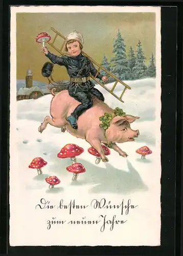 AK Schornsteinfeger reitet auf einem Schwein ins neue Jahr