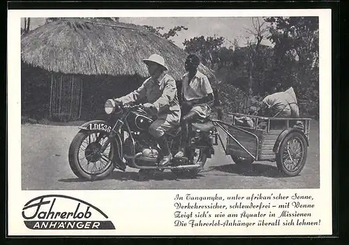 AK Reklame für Motorrad-Anhänger der MArke Fahrerlob, Einsatz in einer afrikanischen Mission