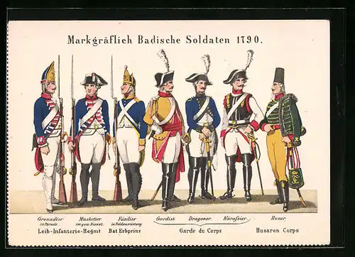 AK Markgräflich Badische Soldaten, Leib-Infanterie-Rgt., Bat. Erbprinz, Garde du Corps, Husaren Corps