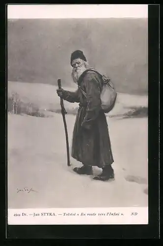 Künstler-AK Tolstoi mit Wanderstock und Rucksack