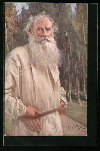 Künstler-AK Tolstoi in Tunica mit Vollbart