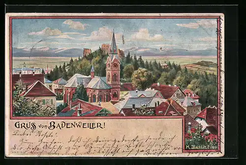 Lithographie Badenweiler, Ortspartie mit Kirche