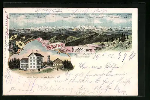 Lithographie Badenweiler, Hotel & Pension Hochblauen, Panorama