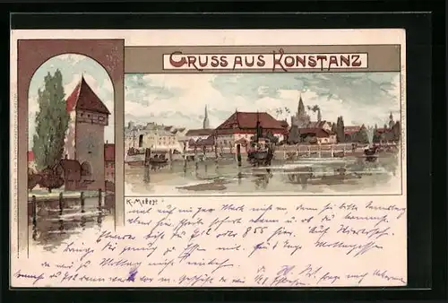 Künstler-AK Karl Mutter: Konstanz, Panorama, Uferpartie mit Turm
