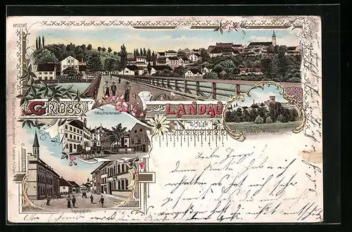 Lithographie Landau, Spitalplatz, Sebastianbrunnen, Schloss Wildthurn