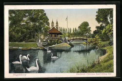 AK Magdeburg, Blick zum Stadtpark mit Fährhaus am Adolf-Mittag-See