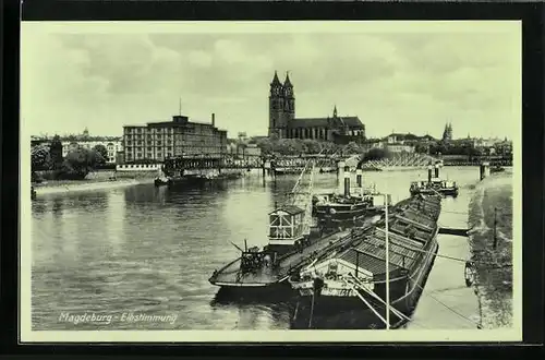 AK Magdeburg, Ortspartie an der Elbe mit Dampfern