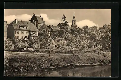 AK Templin /UM., Blick über den Kanal mit Booten