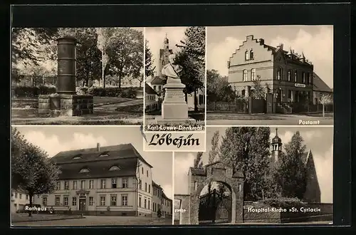 AK Löbejün, Teilansichten Rathaus, Postamt und Hospital-Kirche