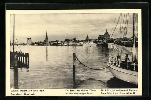 AK Rostock, Hafenpartie mit Blick gegen Stadt