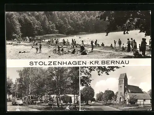 AK Stolzenhagen /Kr. Bernau, Badesee mit Besuchern, Kirche, Ortspartie