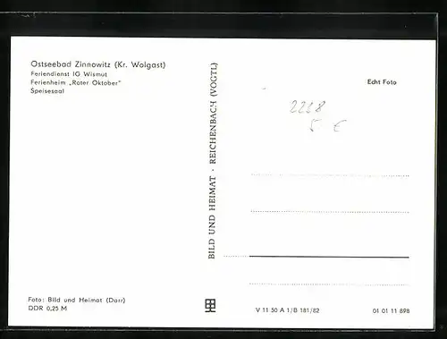 AK Zinnowitz /Kr. Wolgast, Ferienheim Roter Oktober, Feriendienst IG Wismut, Speisesaal, Innenansicht