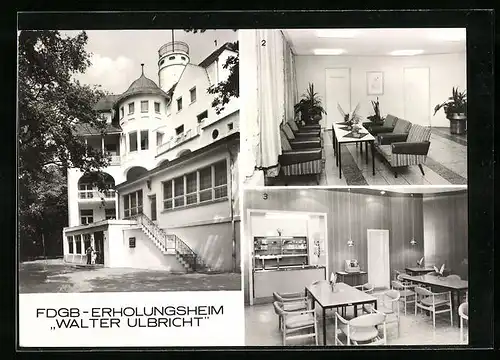 AK Koserow /Kr. Wolgast, FDGB-Erholungsheim Walter Ulbricht, Innenansichten Emfangshalle und Gaststätte