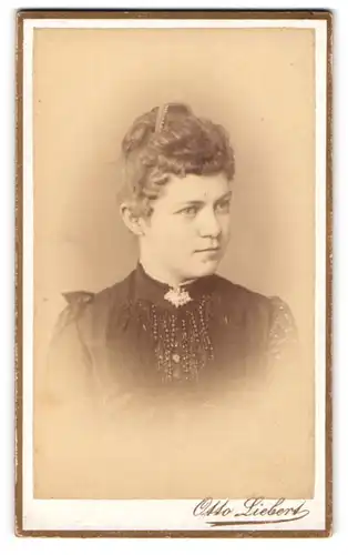 Fotografie Otto Liebert, Holzminden, bürgerliche Frau in dunkler Bluse mit Perlenbesatz und Brosche am Kragen