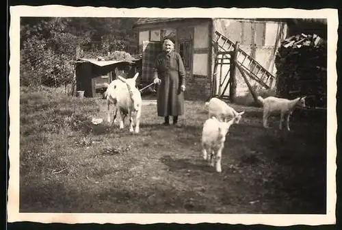 Fotografie betagte Bäuerin versorgt die Ziegen auf ihrem Hof