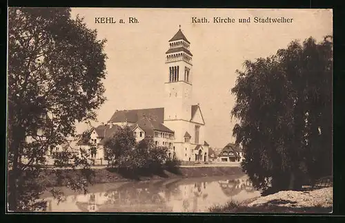 AK Kehl am Rhein, Katholische Kirche und Stadtweiher