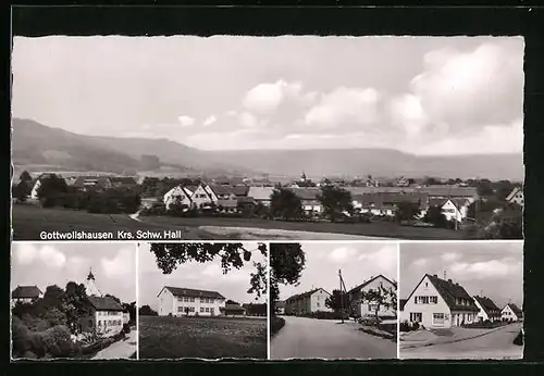 AK Gottwollshausen /Krs. Schw. Hall, Panorama des Ortes, Kirche, Strassenpartie