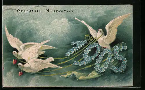AK Jahreszahl 1905 aus Vergissmeinnicht mit Tauben