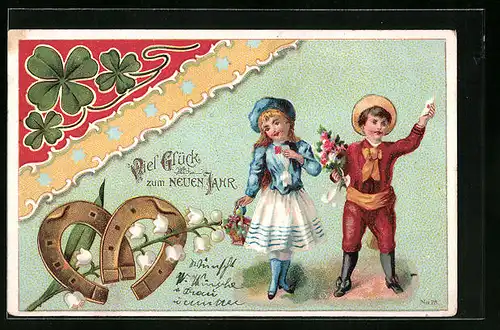 AK Neujahrsgruss mit Hufeisen und Kleeblättern