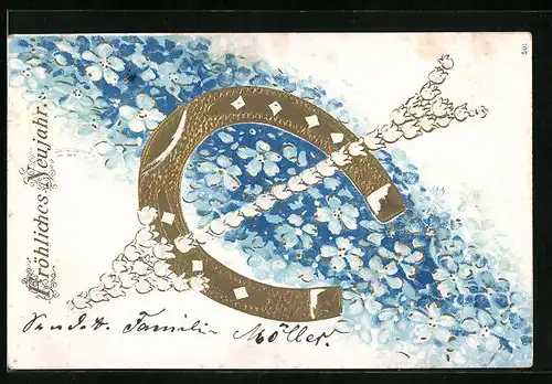 AK Goldenes Hufeisen mit Vergissmeinnicht