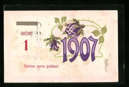 AK Jahreszahl 1907 mit violetter Blume