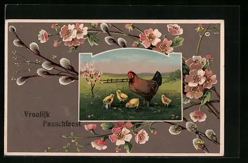 AK Henne mit Osterküken auf Weide