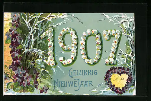 AK Jahreszahl 1907 mit verschneiten Ästen