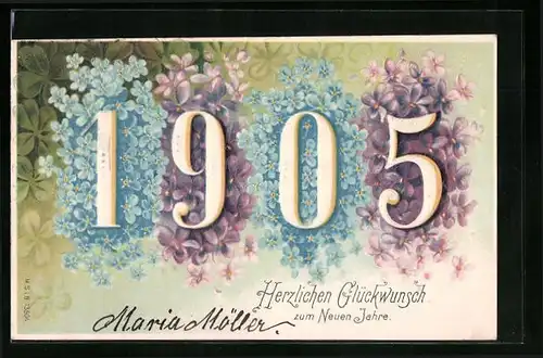 AK Jahreszahl 1905 mit Veilchen und Vergissmeinnicht