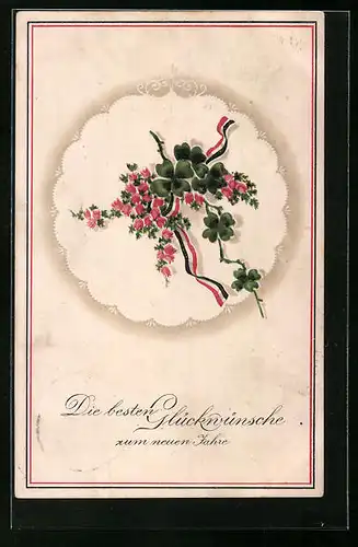 AK Neujahrsgruss mit Kleeblättern und Rosen