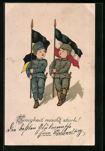 AK Einigkeit macht stark!, Österreichischer und deutscher Soldat mit Fahnen, Kinder Kriegspropaganda